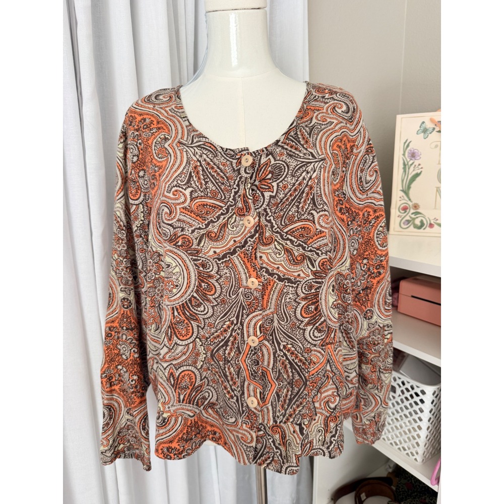 FLAX Linen Paisley Button Front Cardigan Top Orange Brown Cream Size M